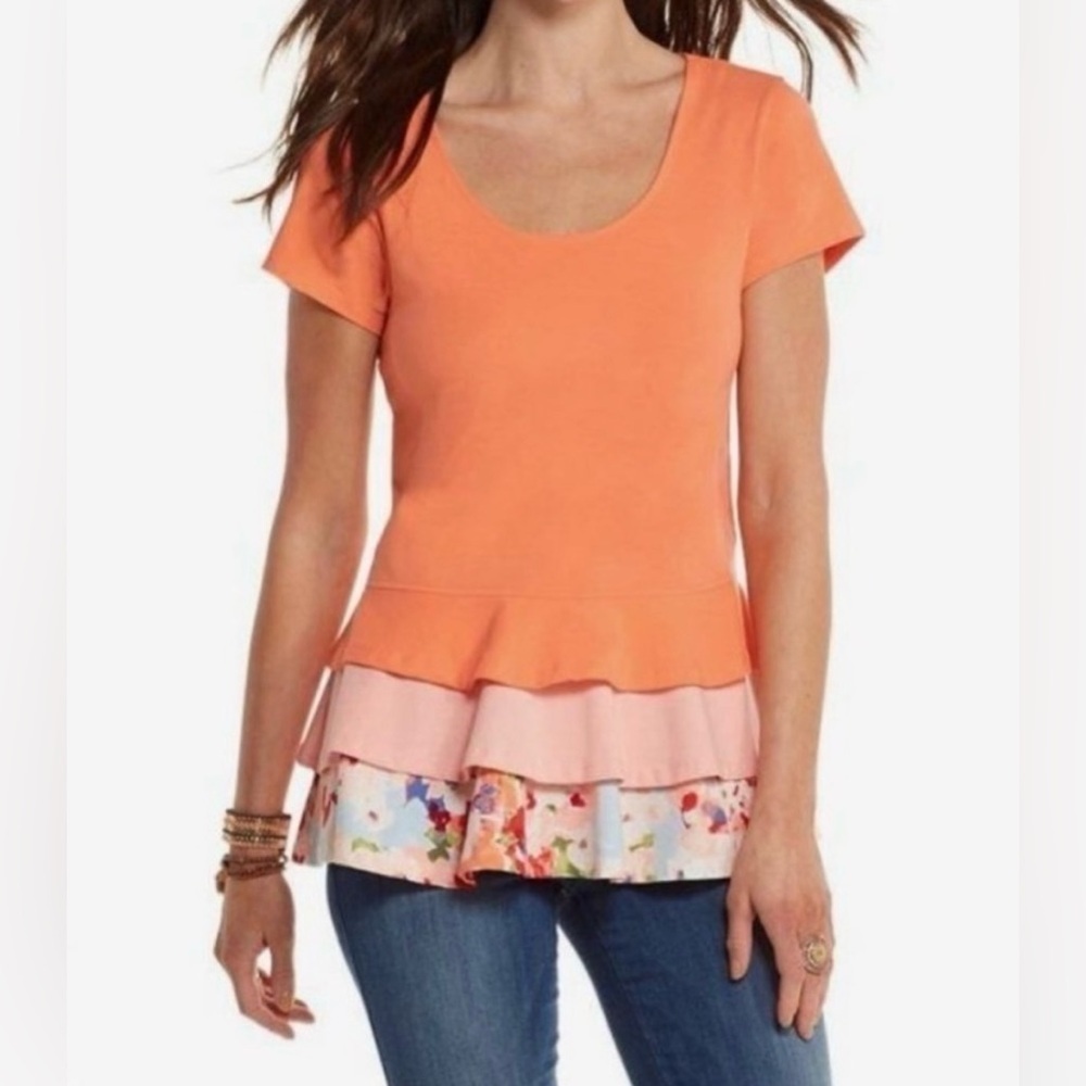 Matilda Jane Happy & Free Dream Puff Peplum Ruffle Peach Stretchy Tunic Top Sz M